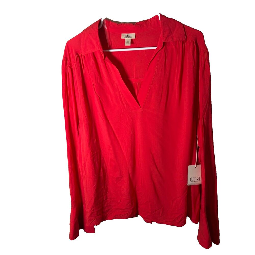 ANA A New Approach Blouse Women's XXL V-Neck Collared Long Sleeve Red Top